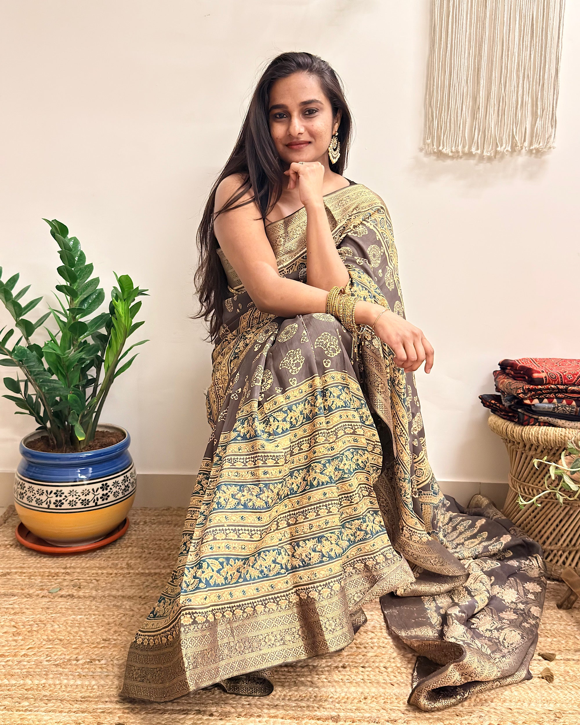 Jashn: Olive Grey Ajrakh Handblock Printed Dola Silk Saree