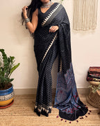 Moondust: Black Polka Dots Ajrakh Handblock Printed Modal Saree