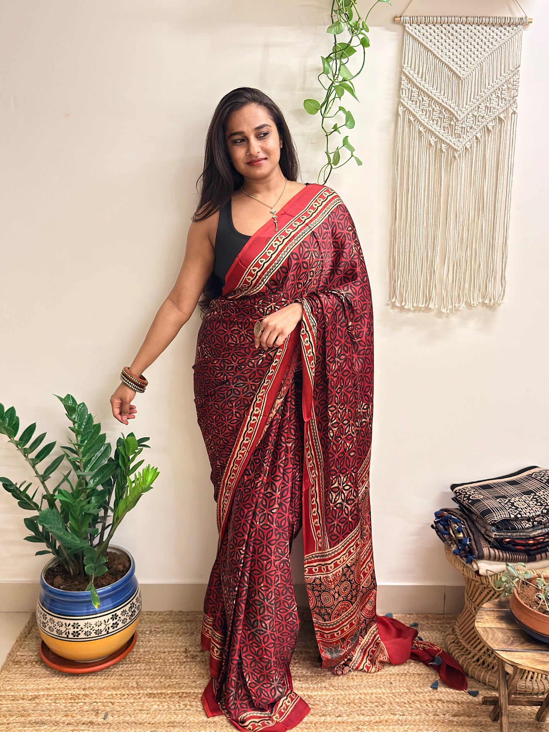 Rangrez: Deep Red Ajrakh Handblock Printed Modal Saree