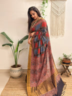 Ankahee: Red and Blue Mul Cotton Ajrakh Handblock Printed Saree with Zari Border