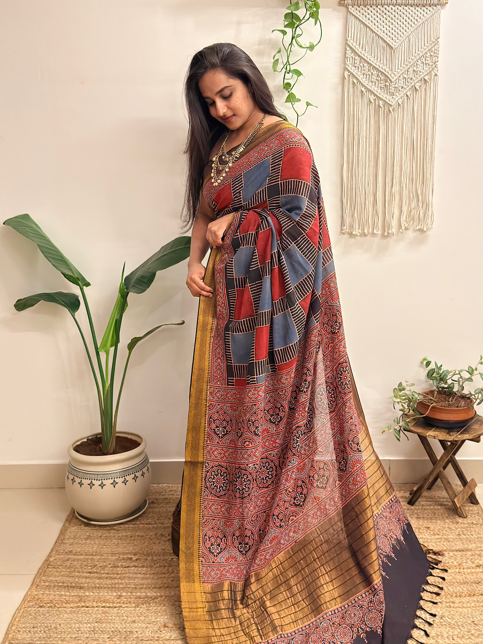 Ankahee: Red and Blue Mul Cotton Ajrakh Handblock Printed Saree with Zari Border