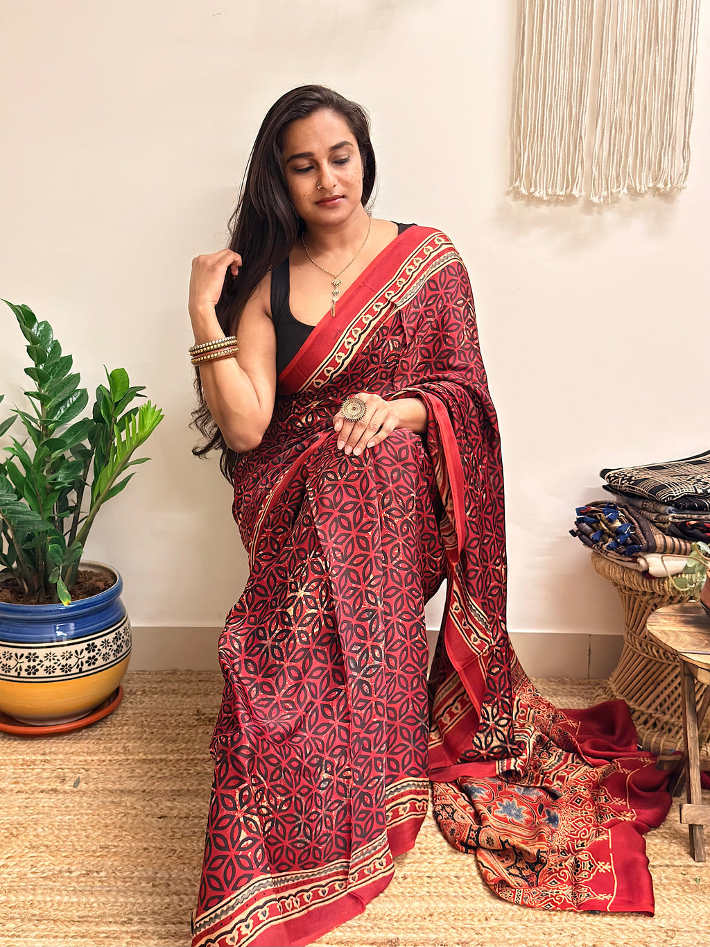 Rangrez: Deep Red Ajrakh Handblock Printed Modal Saree