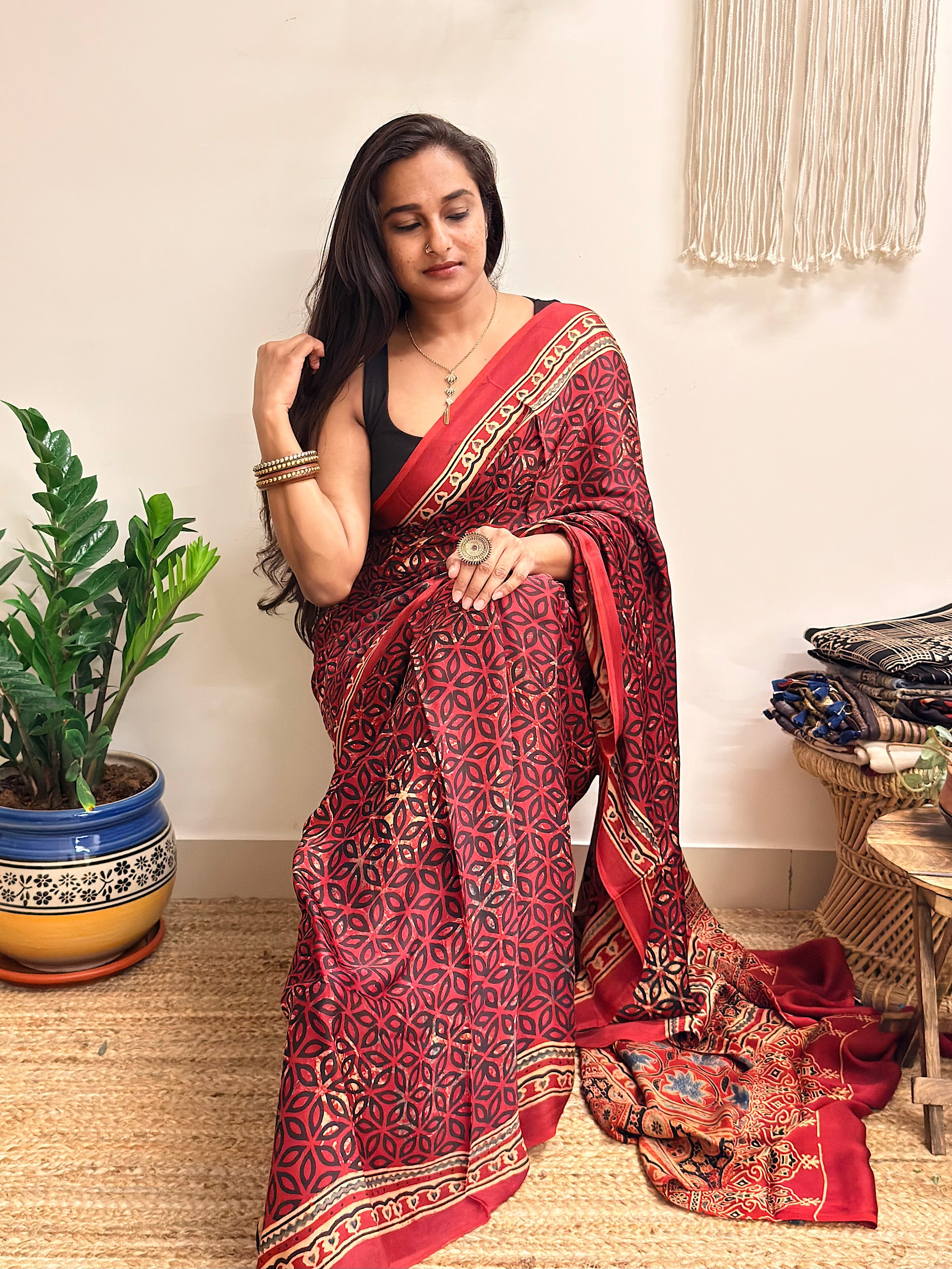 Rangrez: Deep Red Ajrakh Handblock Printed Modal Saree