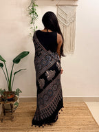 Nazakat: Black Ajrakh Handblock Printed Modal Saree