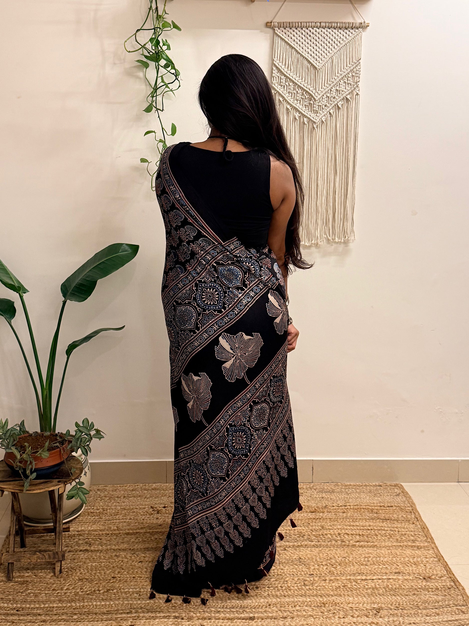 Nazakat: Black Ajrakh Handblock Printed Modal Saree