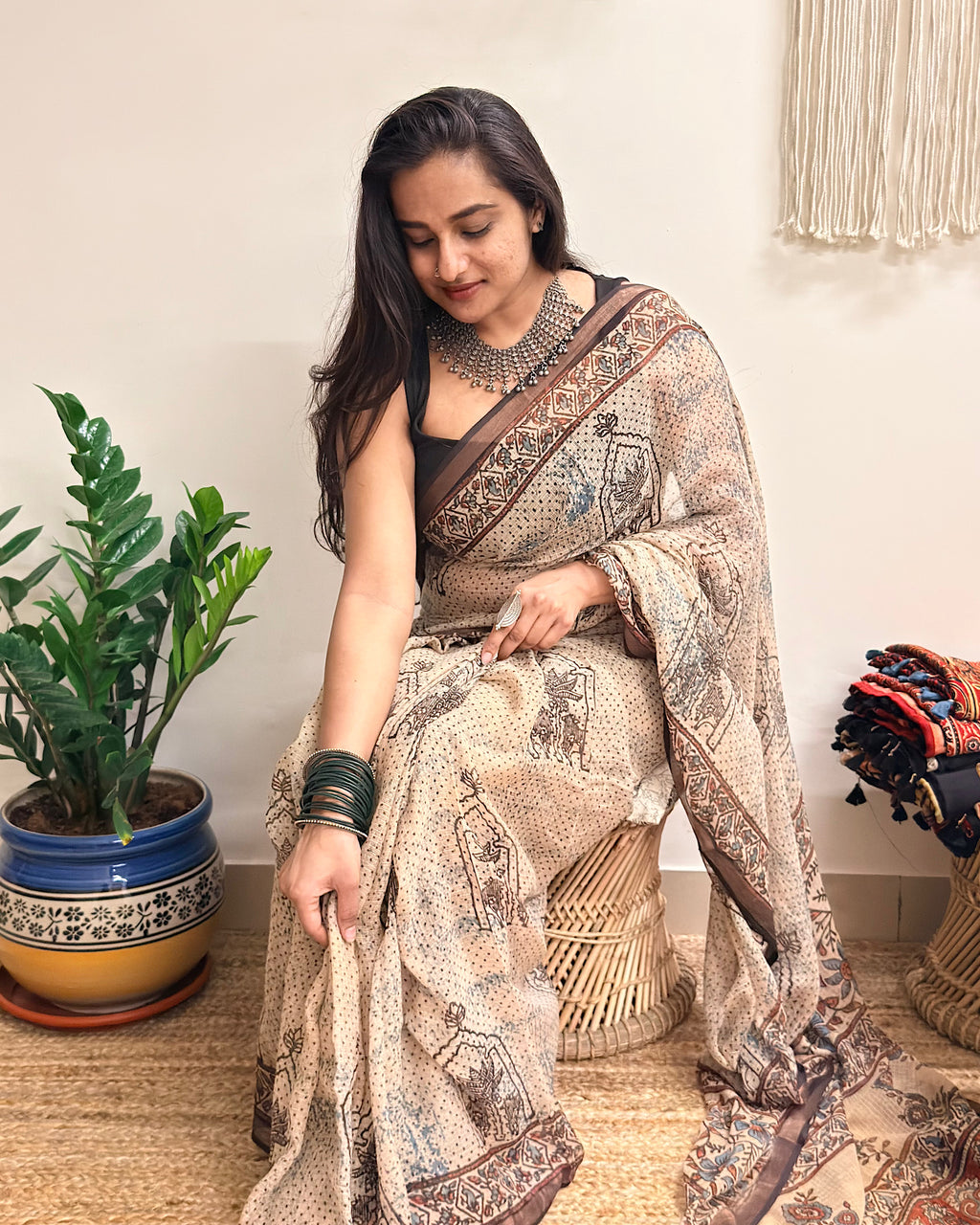 Sarsarahat: Beige Ajrakh Handblock Printed Kota Doria Saree