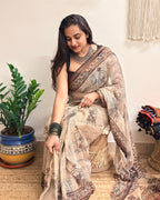 Sarsarahat: Beige Ajrakh Handblock Printed Kota Doria Saree