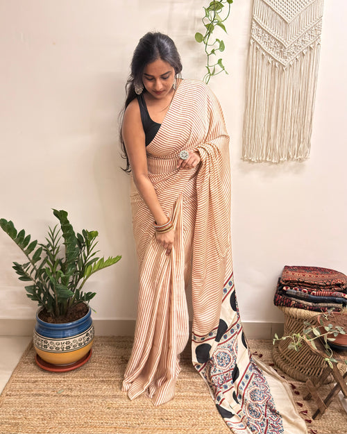 Afterhours: Cream and Red Striped Ajrakh Handblock Printed Modal Saree