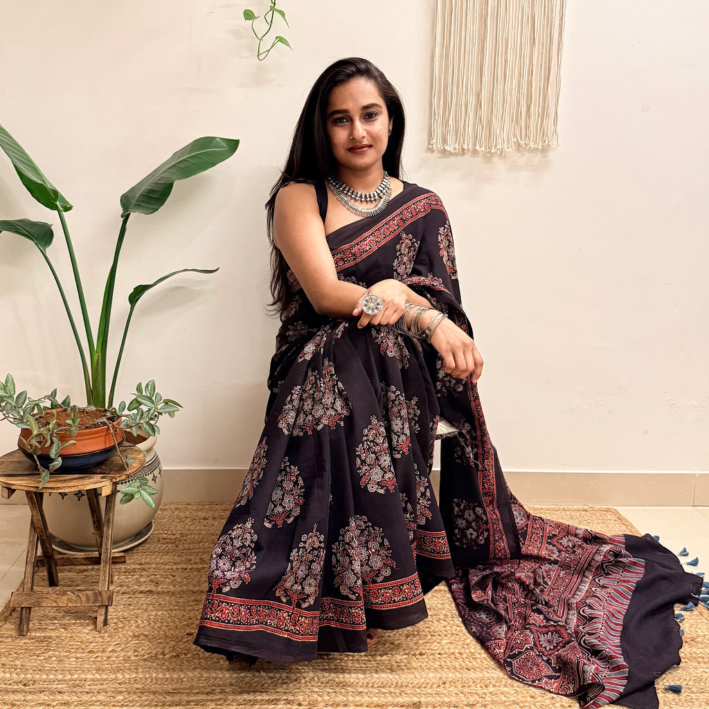 Night Bloom: Black Ajrakh Handblock Printed Mul Cotton Saree