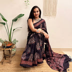 Night Bloom: Black Ajrakh Handblock Printed Mul Cotton Saree