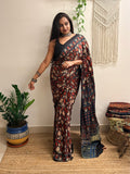 Cosmos: Red And Navy Blue Ajrakh Handblock Printed Modal Saree with Tissue Pallu