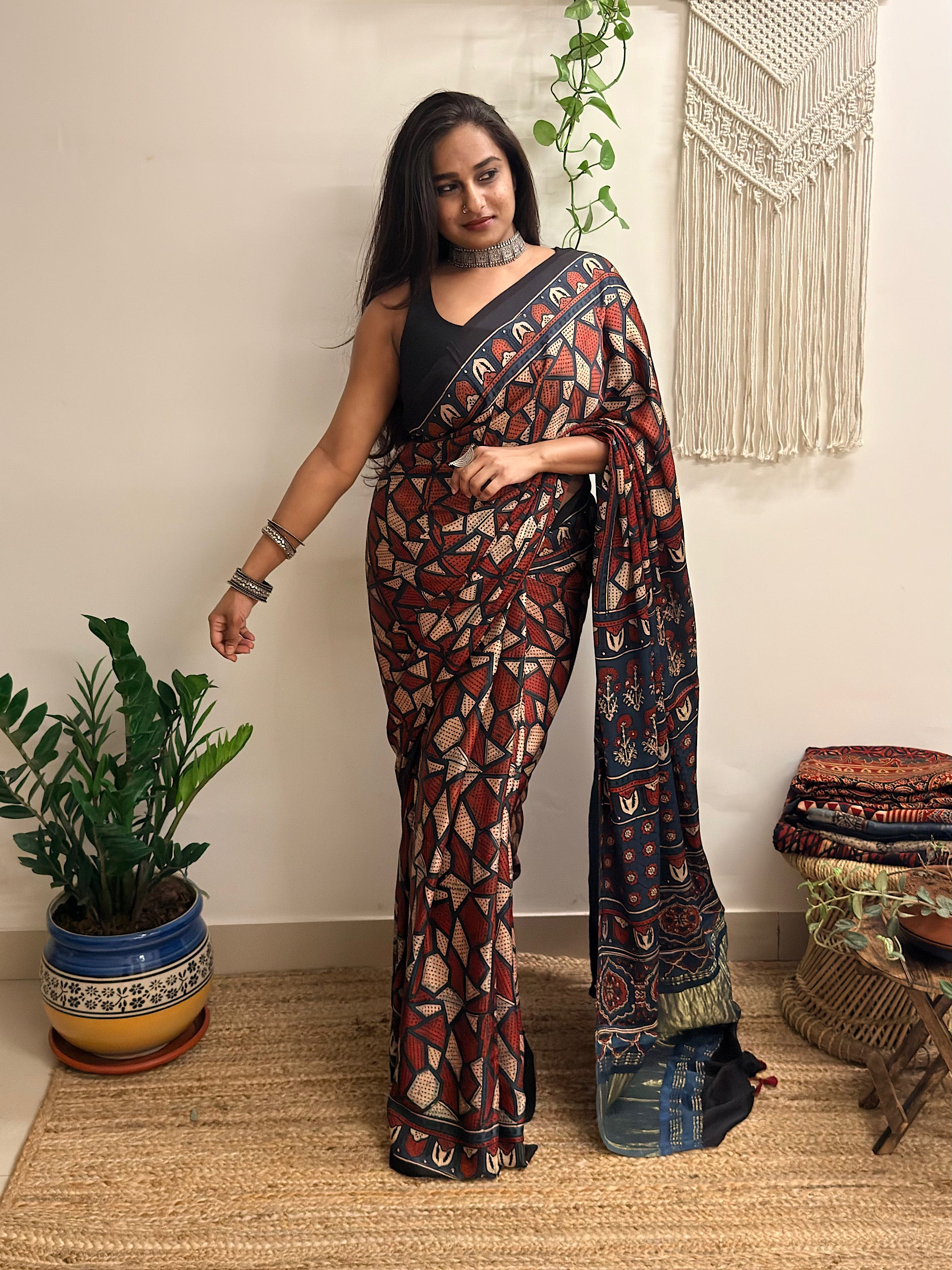 Cosmos: Red And Navy Blue Ajrakh Handblock Printed Modal Saree with Tissue Pallu