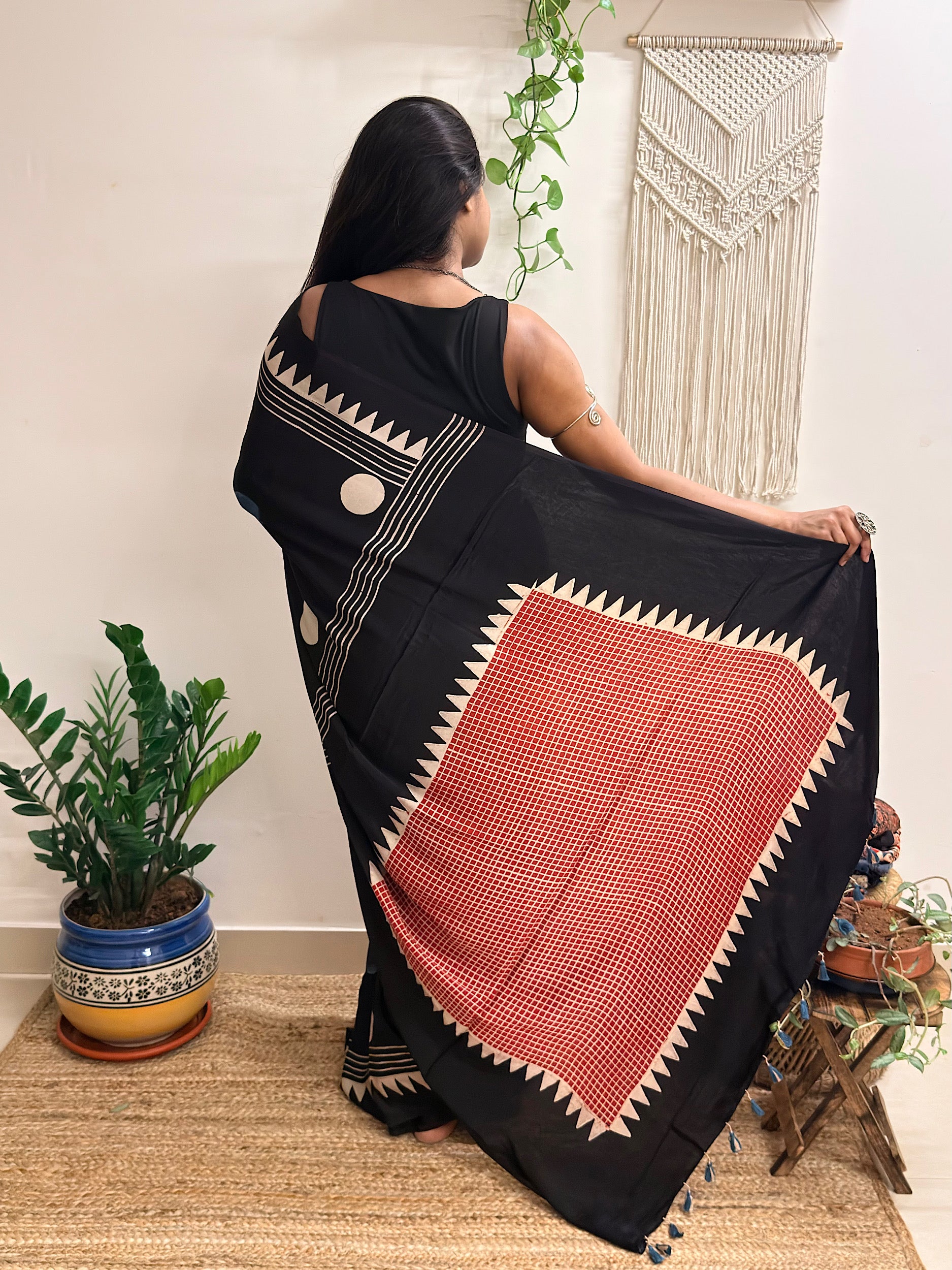 Velvet Night: Black Oversized Polka Dots Ajrakh Handblock Printed Modal Saree