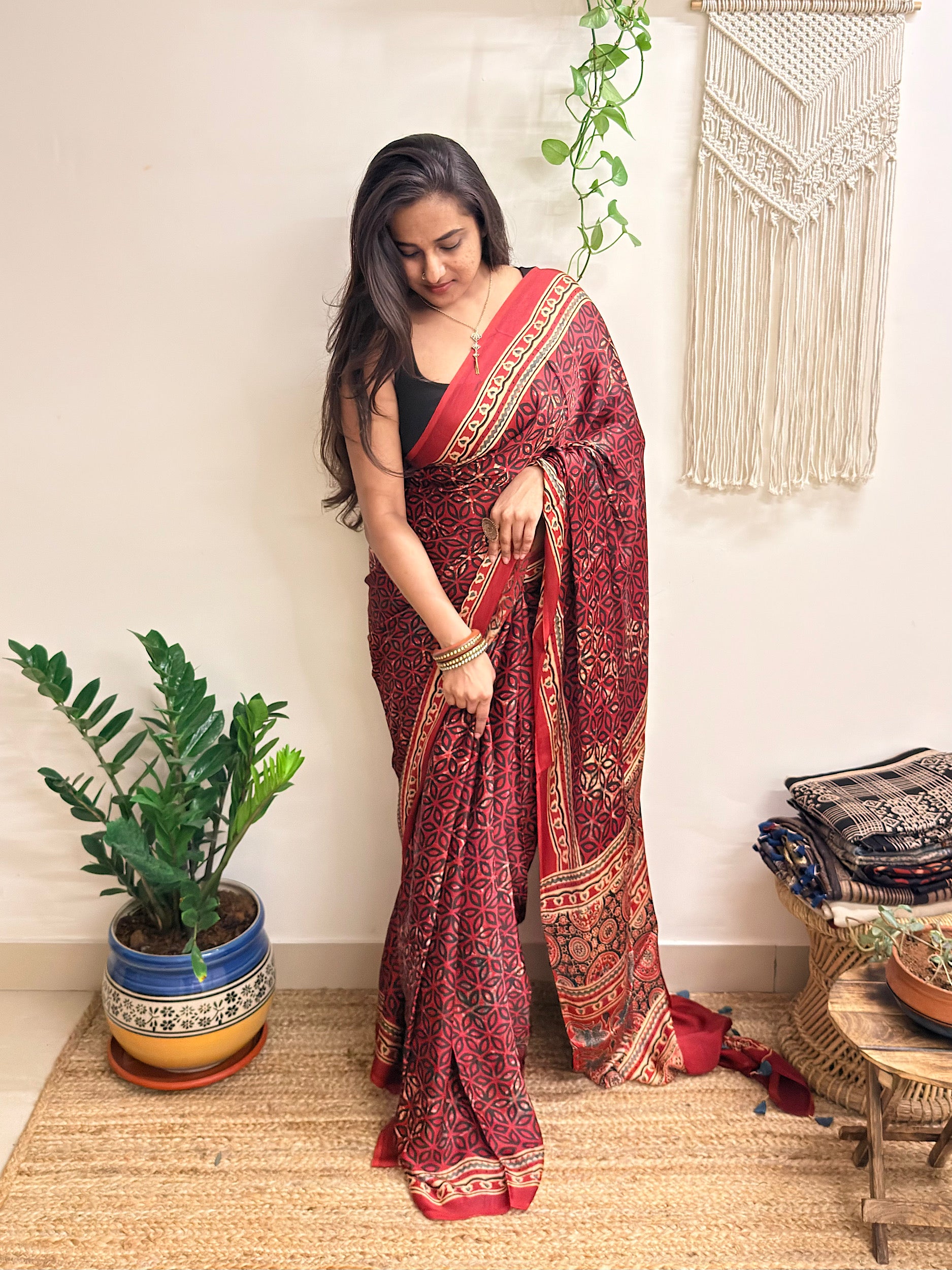 Rangrez: Deep Red Ajrakh Handblock Printed Modal Saree