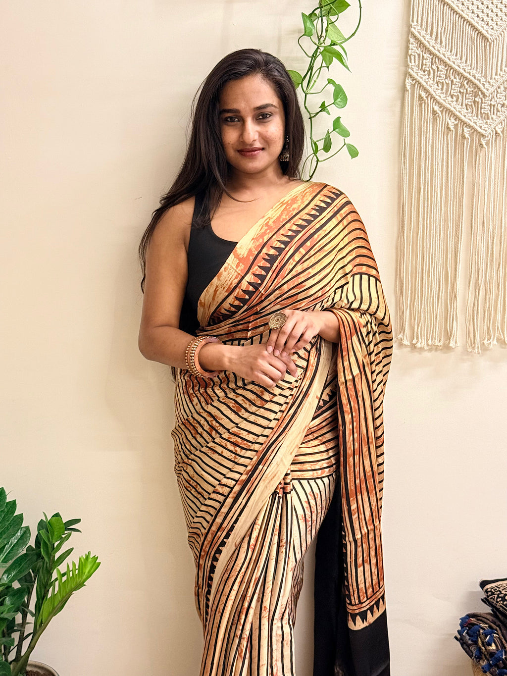 The Eclipse: Beige and Black Striped Ajrakh Handblock Printed Modal Saree