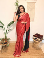 Aarzoo: Red and Cream Striped Ajrakh Handblock Printed Modal Saree