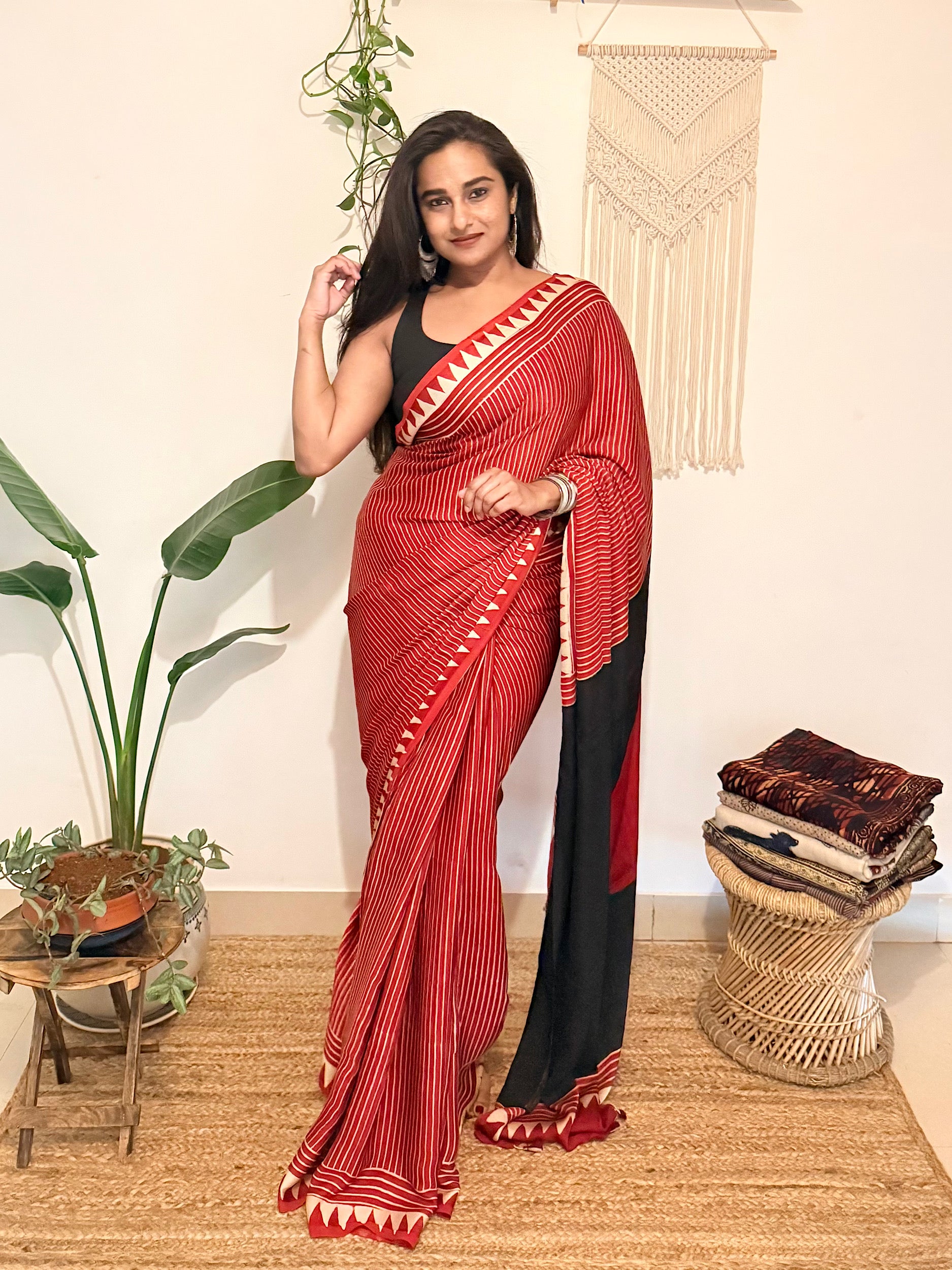 Aarzoo: Red and Cream Striped Ajrakh Handblock Printed Modal Saree