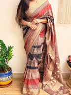 Ganache: Red and Brown Ajrakh Handblock Printed Dola Silk Saree