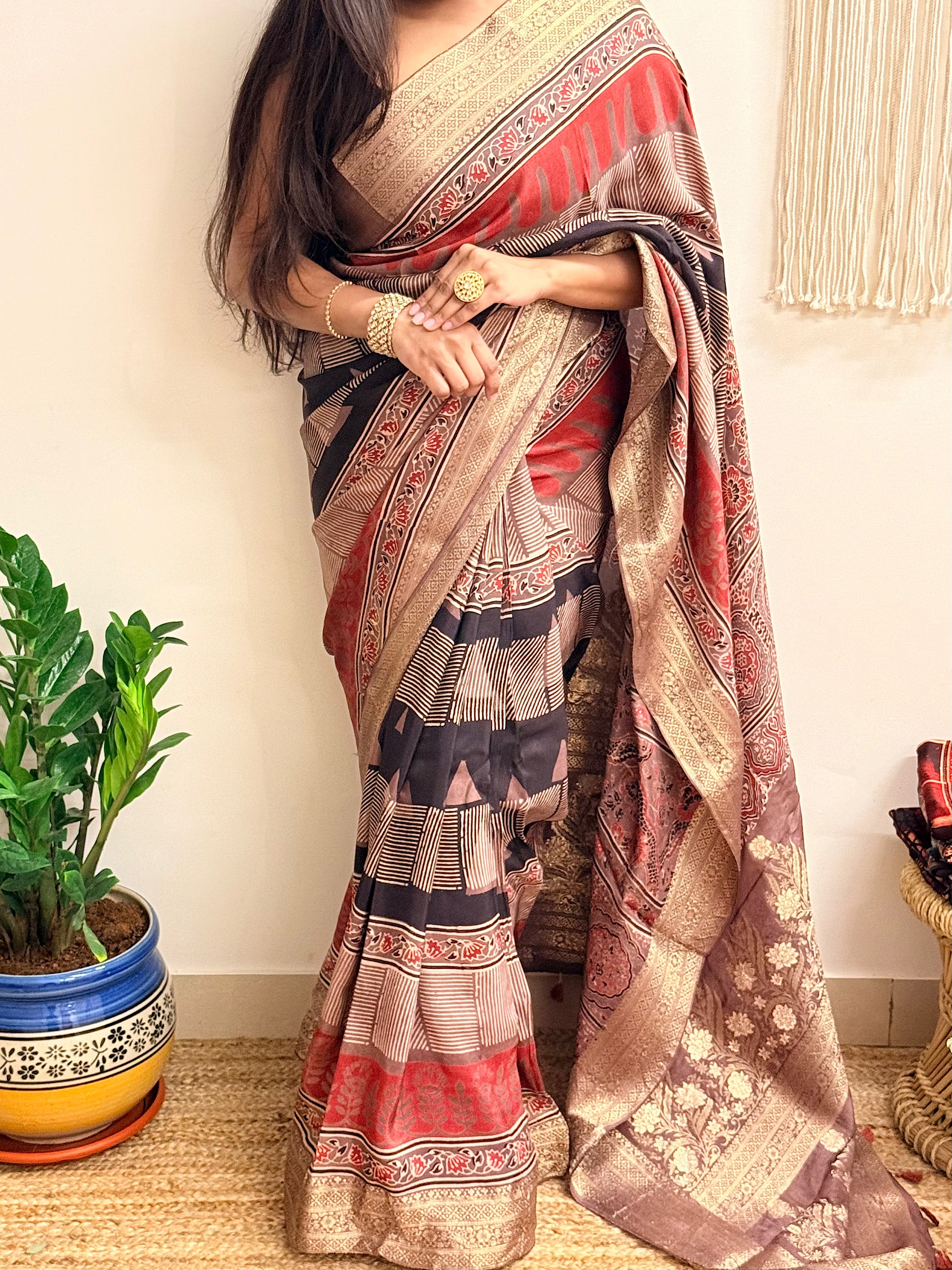 Ganache: Red and Brown Ajrakh Handblock Printed Dola Silk Saree