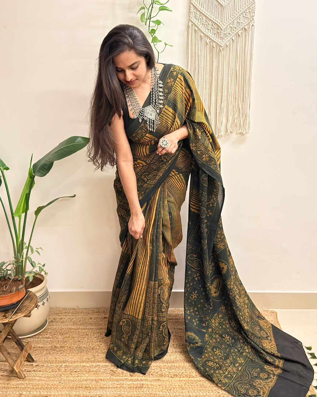 Gulzar: Forest Green and Mustard Ajrakh Handblock Printed Mul Cotton Saree