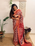 Dilruba: Cream and Red Ajrakh Handblock Printed Dola Silk Saree