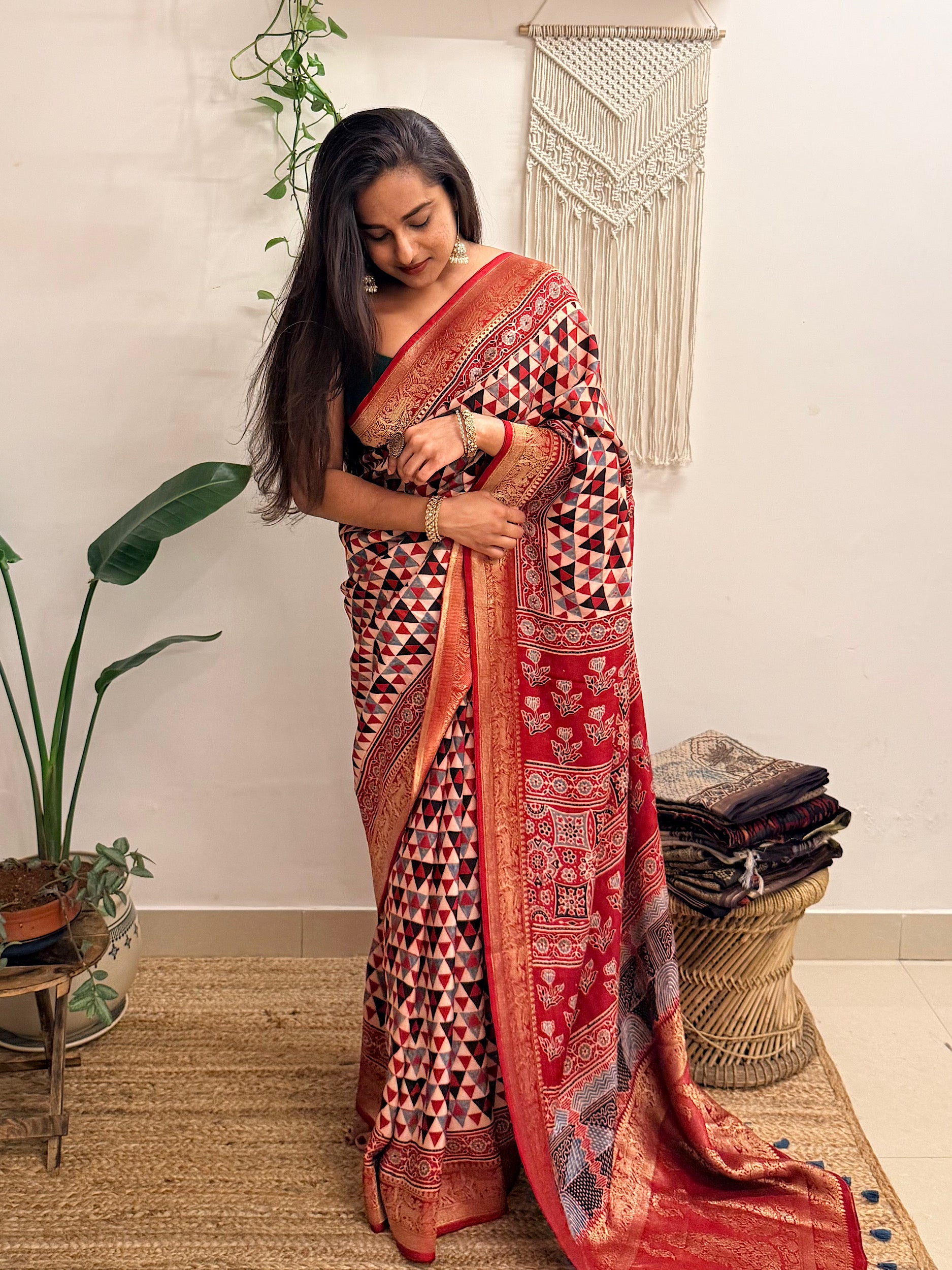 Dilruba: Cream and Red Ajrakh Handblock Printed Dola Silk Saree