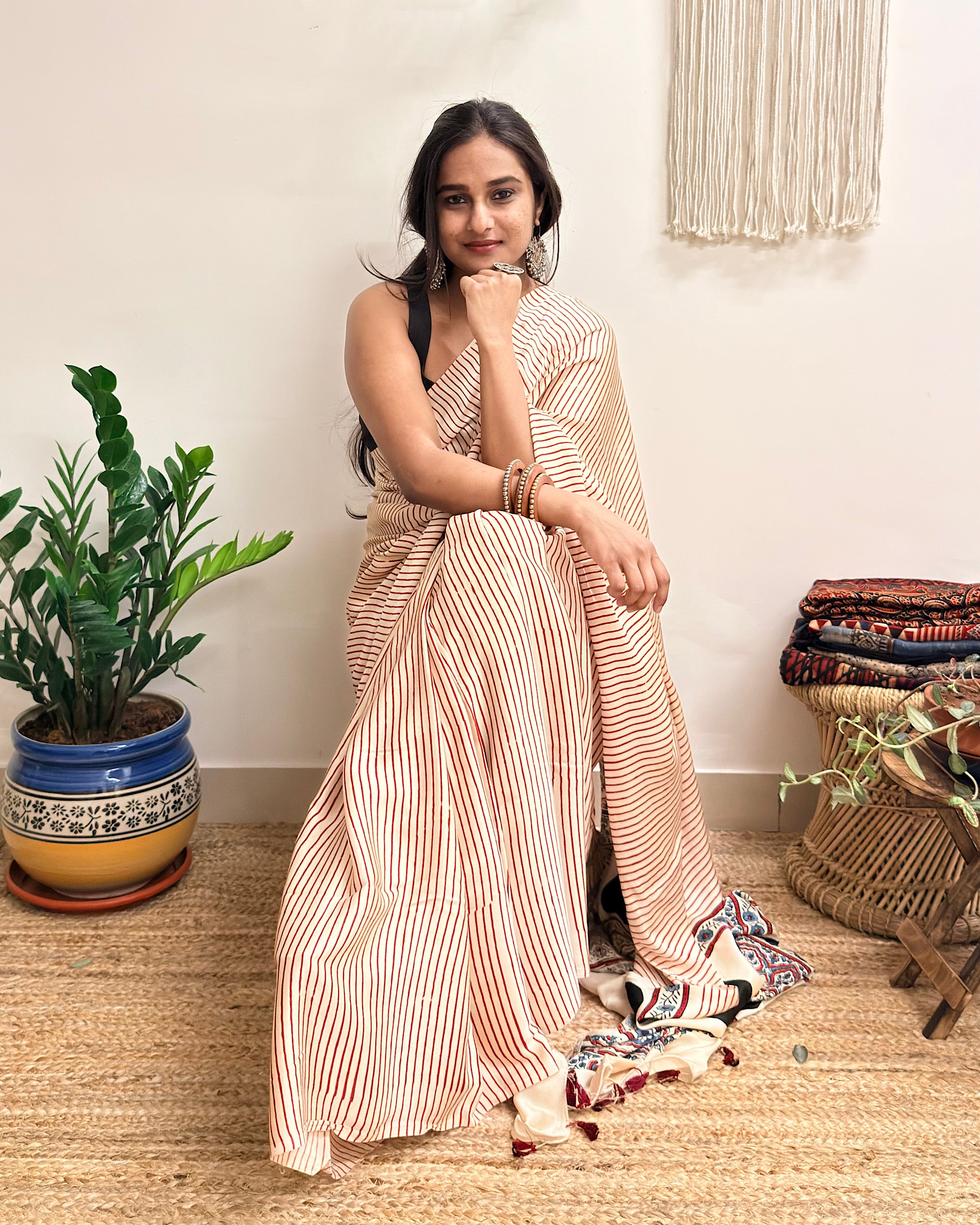 Afterhours: Cream and Red Striped Ajrakh Handblock Printed Modal Saree