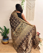 Jashn: Olive Grey Ajrakh Handblock Printed Dola Silk Saree