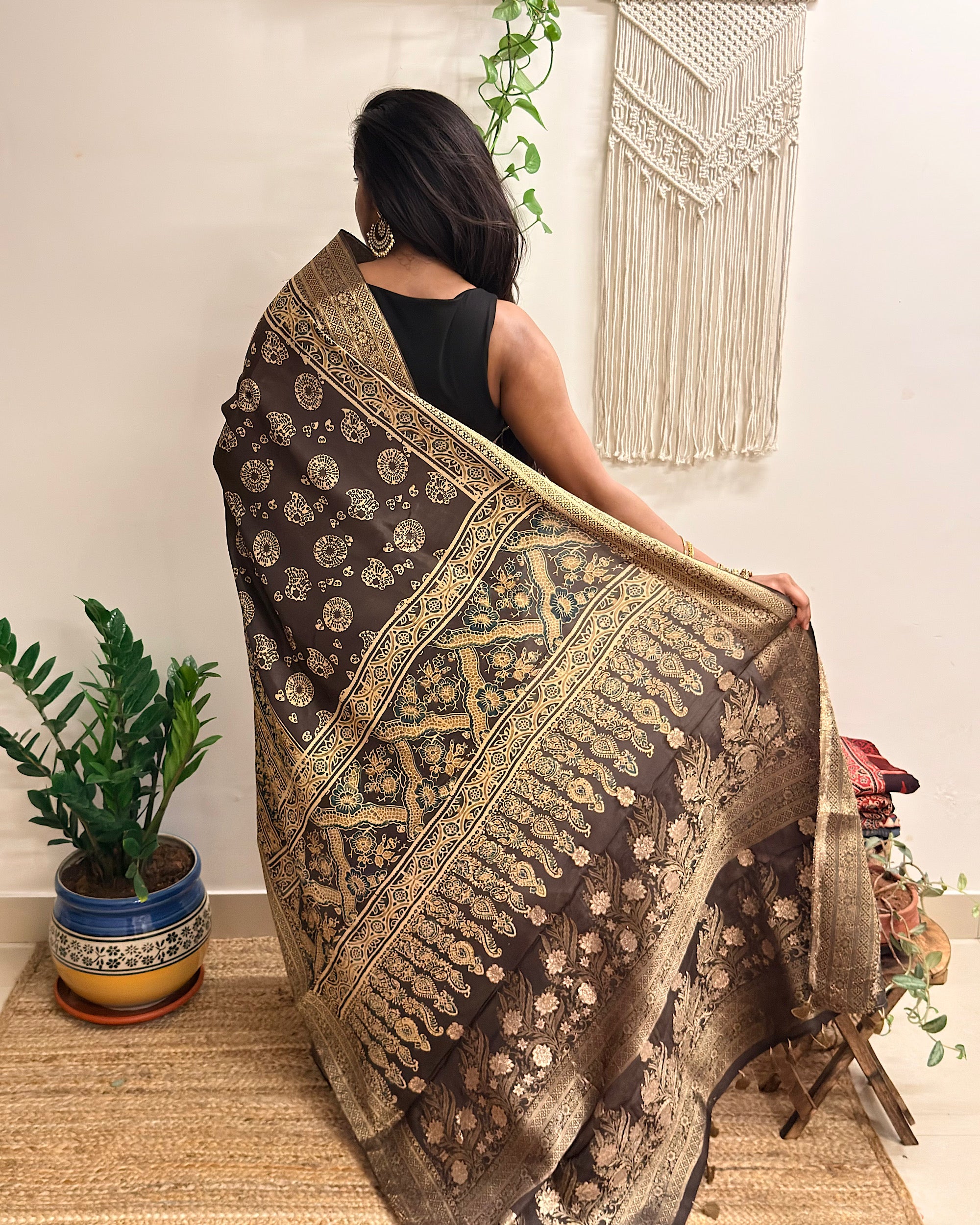 Jashn: Olive Grey Ajrakh Handblock Printed Dola Silk Saree