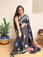 Velvet Night: Black Oversized Polka Dots Ajrakh Handblock Printed Modal Saree