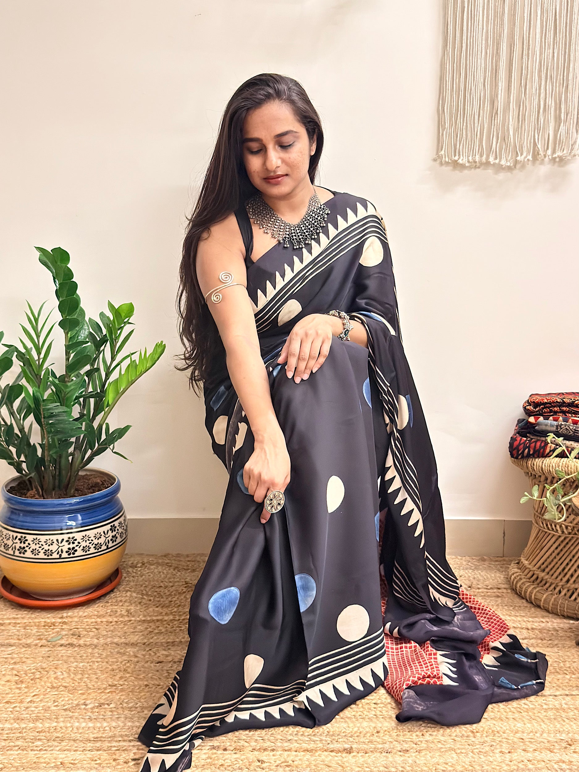 Velvet Night: Black Oversized Polka Dots Ajrakh Handblock Printed Modal Saree