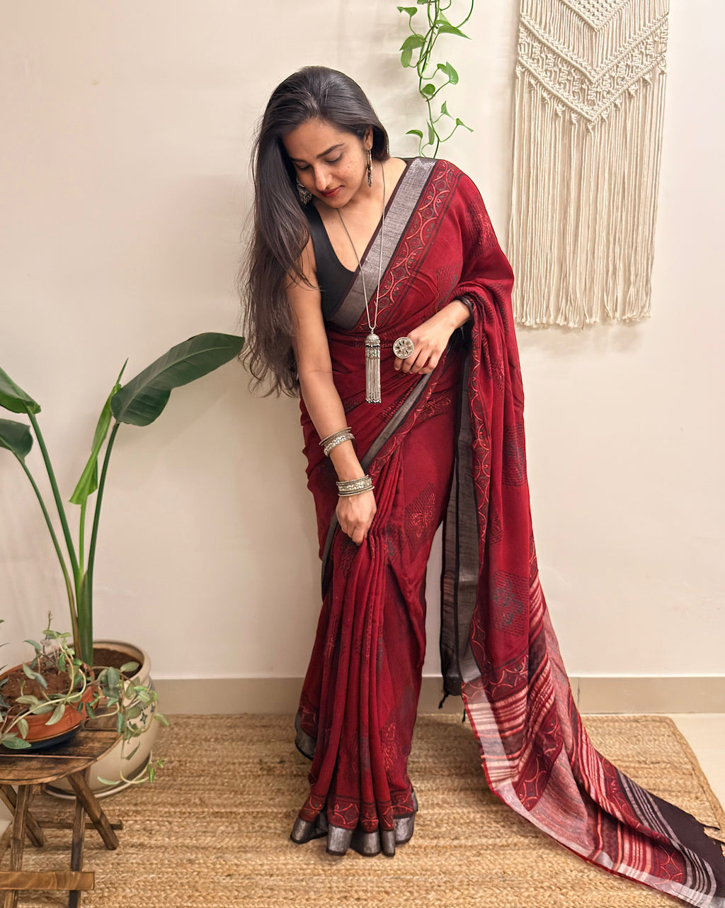 Slow Burn: Deep Maroon Ajrakh Handblock Printed Slub Cotton Saree