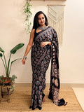 Nazakat: Black Ajrakh Handblock Printed Modal Saree
