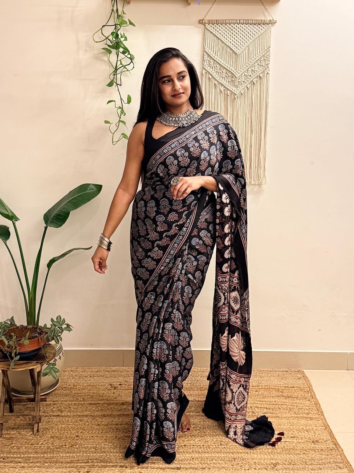 Nazakat: Black Ajrakh Handblock Printed Modal Saree