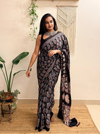 Nazakat: Black Ajrakh Handblock Printed Modal Saree