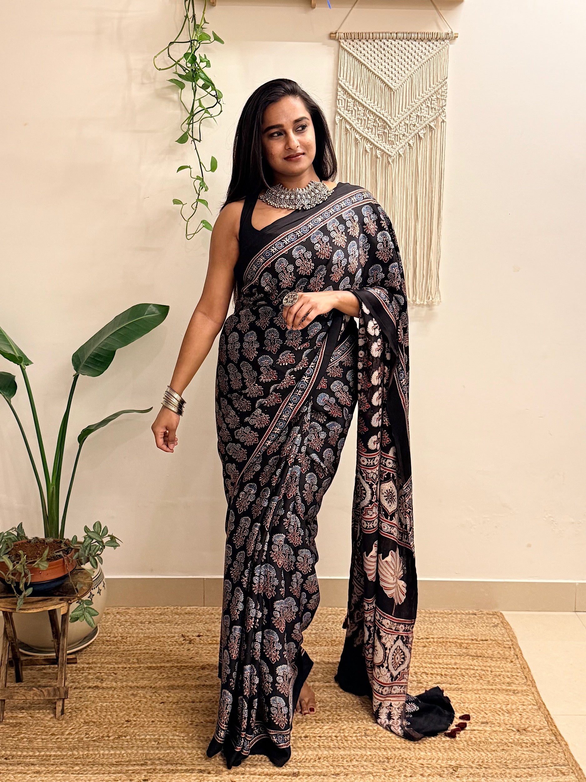 Nazakat: Black Ajrakh Handblock Printed Modal Saree