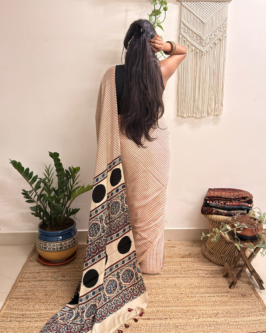 Afterhours: Cream and Red Striped Ajrakh Handblock Printed Modal Saree
