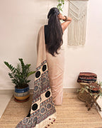 Afterhours: Cream and Red Striped Ajrakh Handblock Printed Modal Saree
