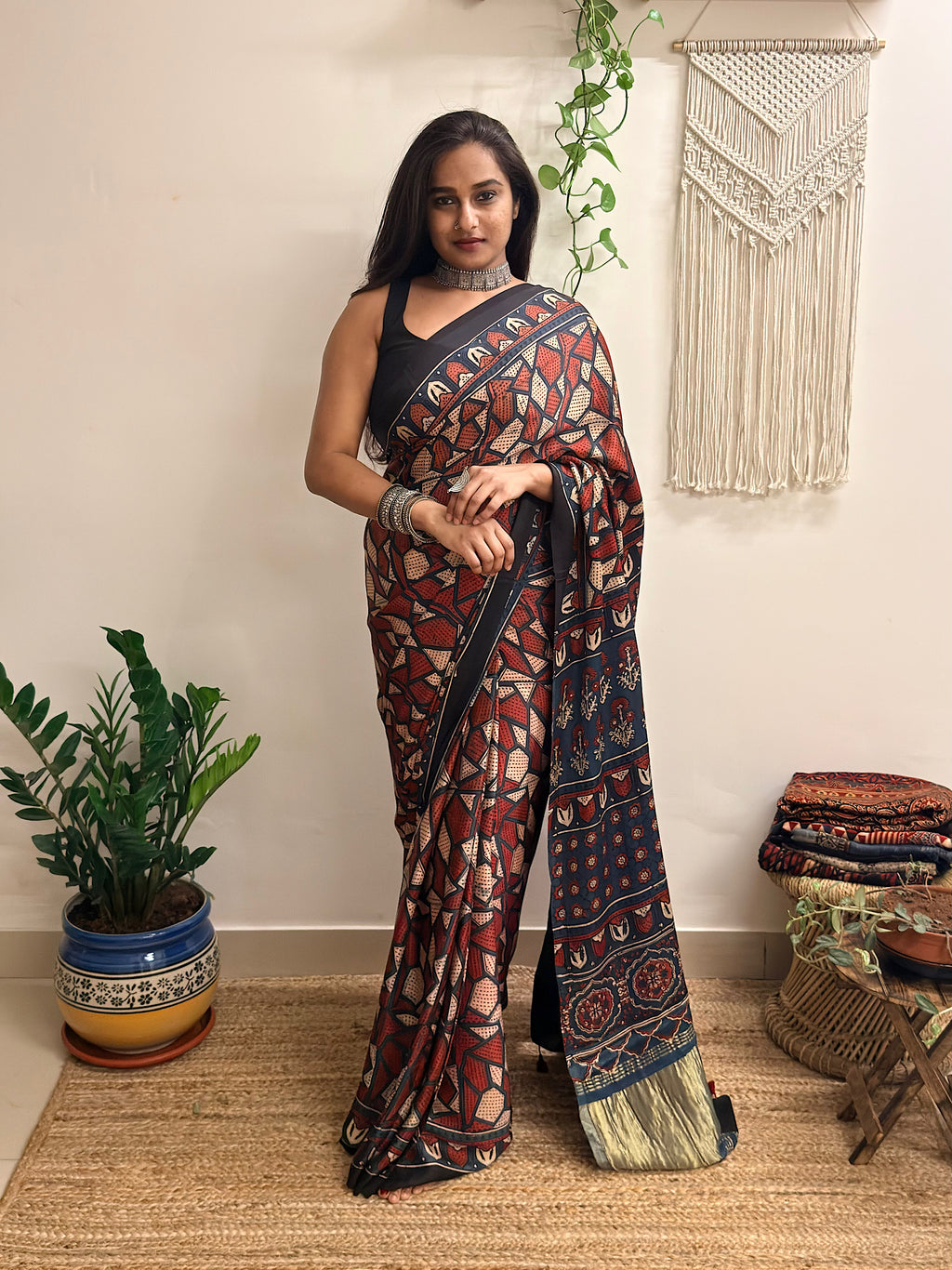 Cosmos: Red And Navy Blue Ajrakh Handblock Printed Modal Saree with Tissue Pallu