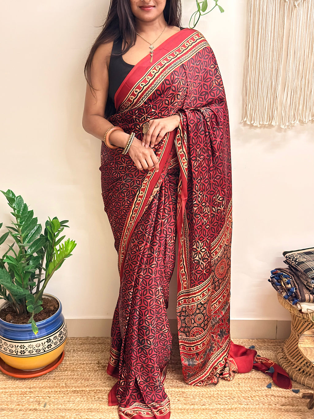 Rangrez: Deep Red Ajrakh Handblock Printed Modal Saree