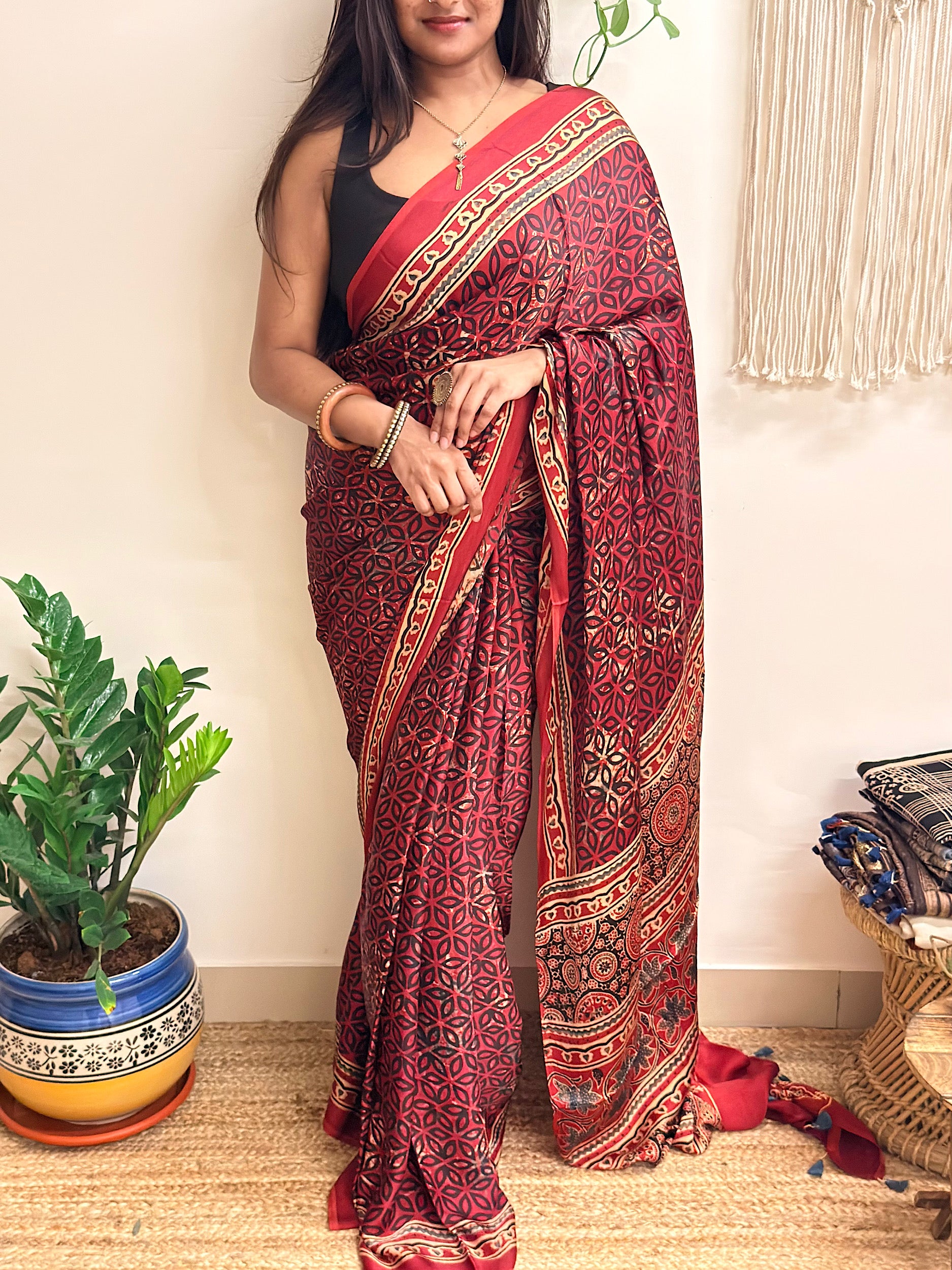 Rangrez: Deep Red Ajrakh Handblock Printed Modal Saree