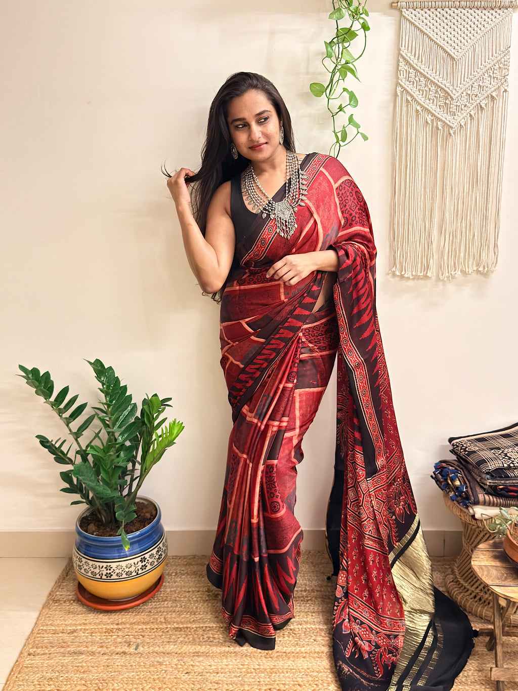 Jugnu: Deep Red and Black Ajrakh Handblock Printed Modal Saree with Tissue Pallu