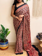 Daydream: Cream and Red Ajrakh Handblock Printed Modal Saree