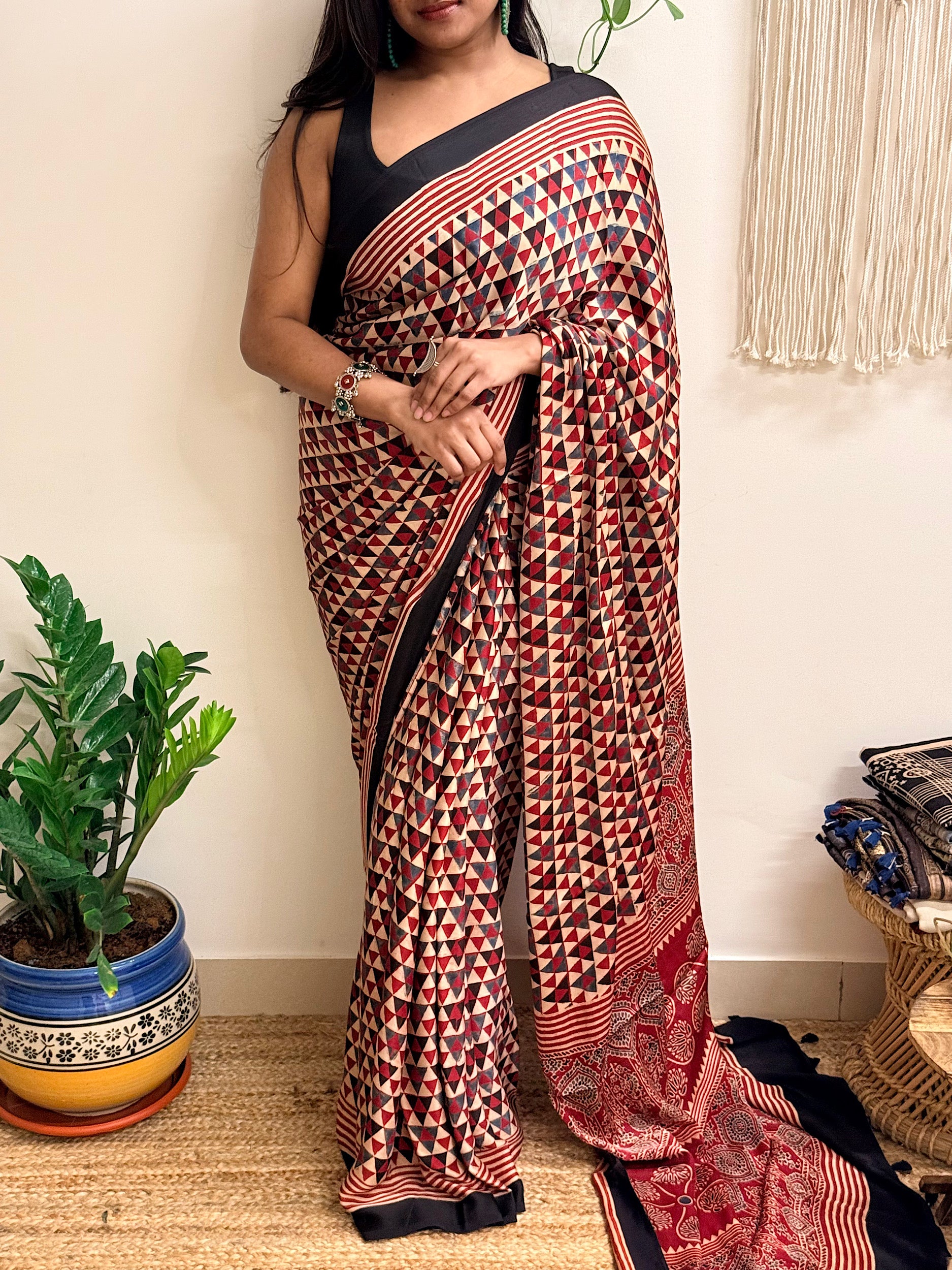 Daydream: Cream and Red Ajrakh Handblock Printed Modal Saree