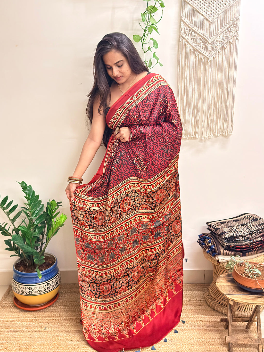 Rangrez: Deep Red Ajrakh Handblock Printed Modal Saree