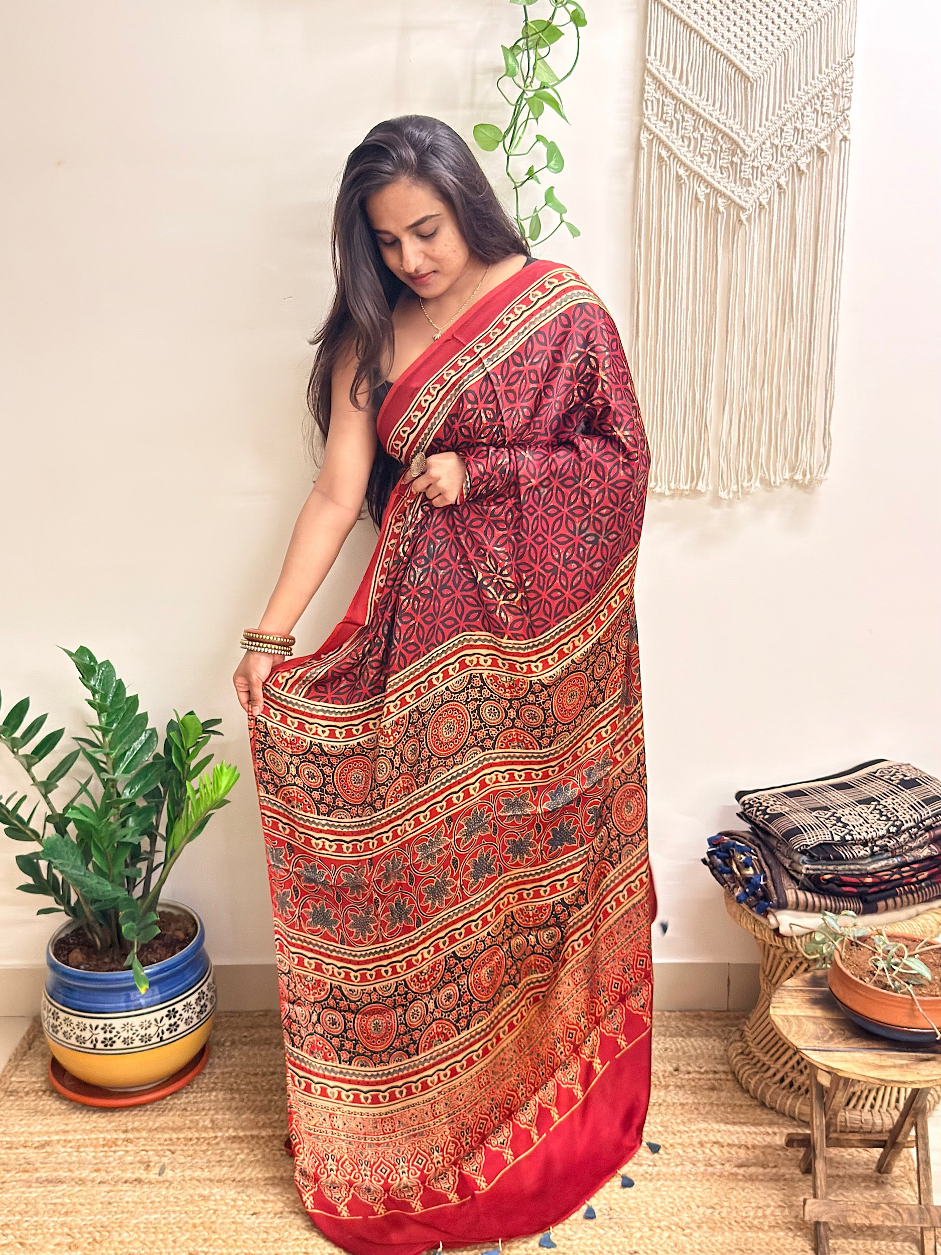 Rangrez: Deep Red Ajrakh Handblock Printed Modal Saree