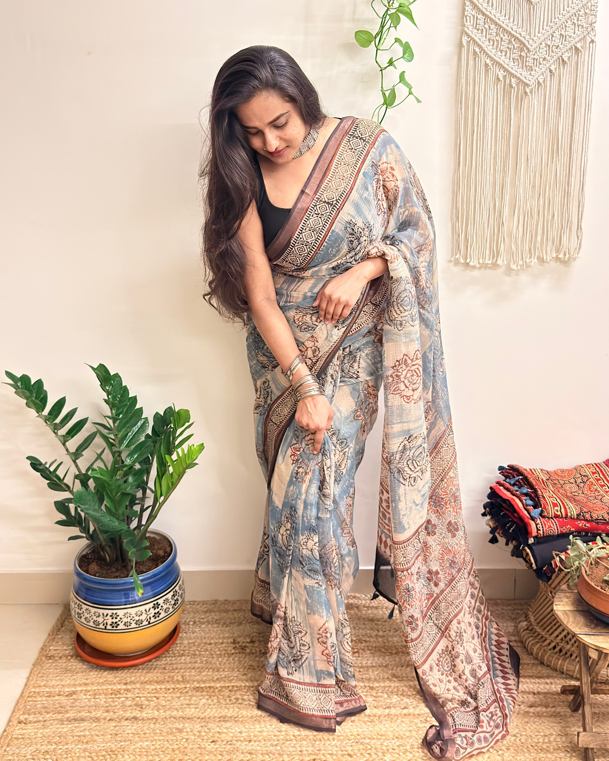 Rimjhim: Dusty Blue and Beige Ajrakh Handblock Printed Kota Doria Saree
