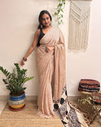 Afterhours: Cream and Red Striped Ajrakh Handblock Printed Modal Saree