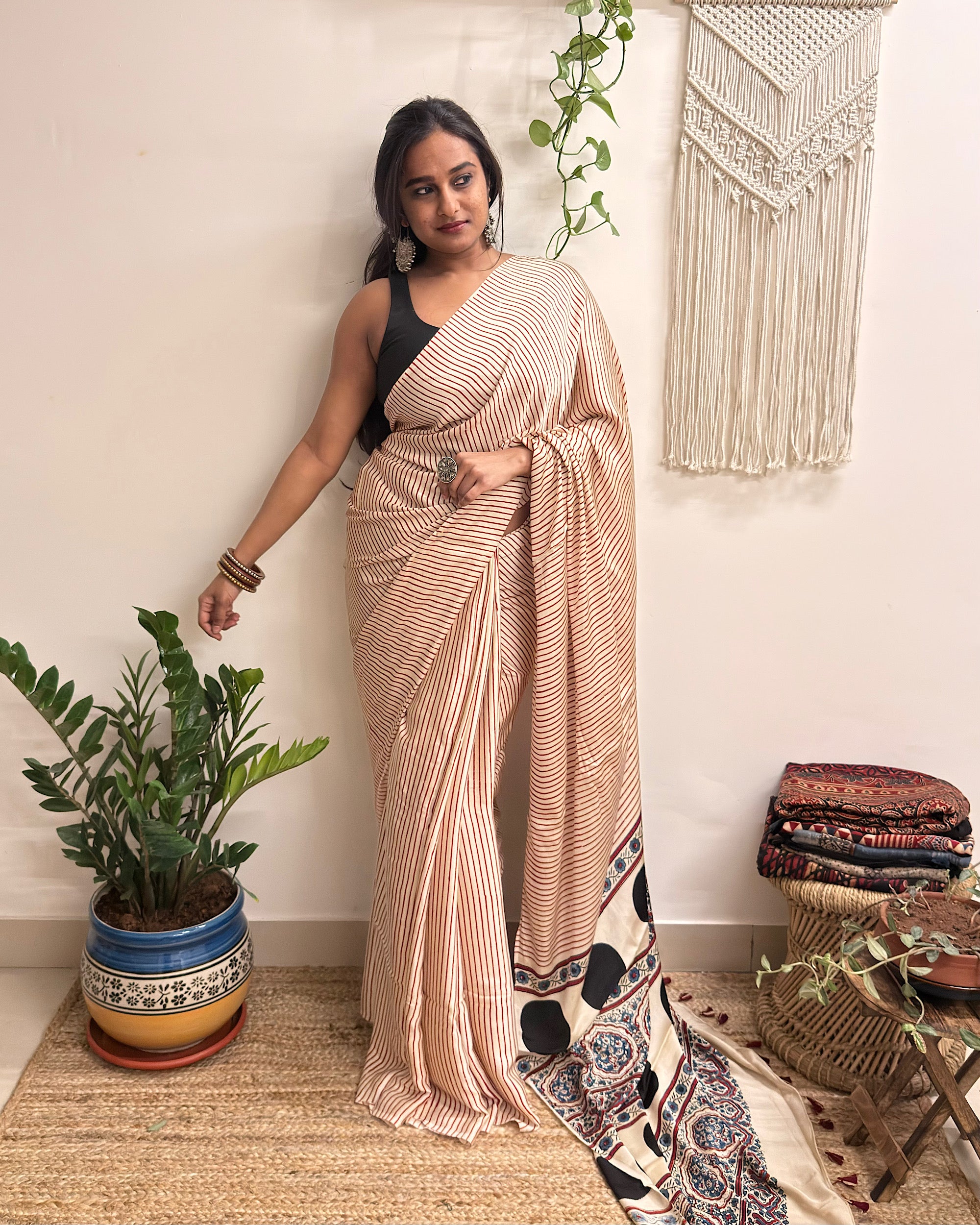 Afterhours: Cream and Red Striped Ajrakh Handblock Printed Modal Saree