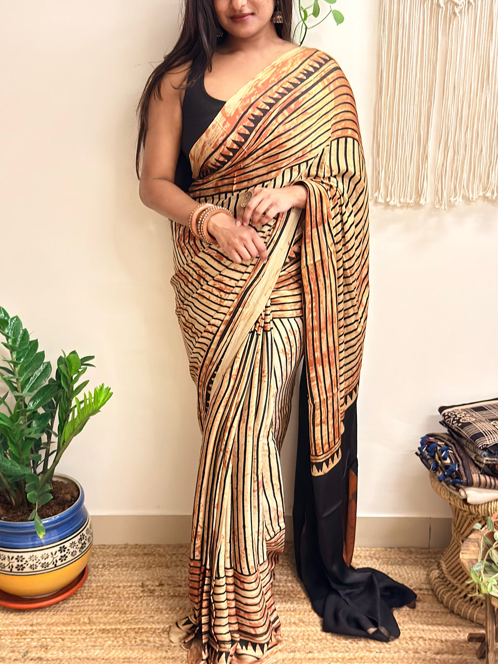 The Eclipse: Beige and Black Striped Ajrakh Handblock Printed Modal Saree